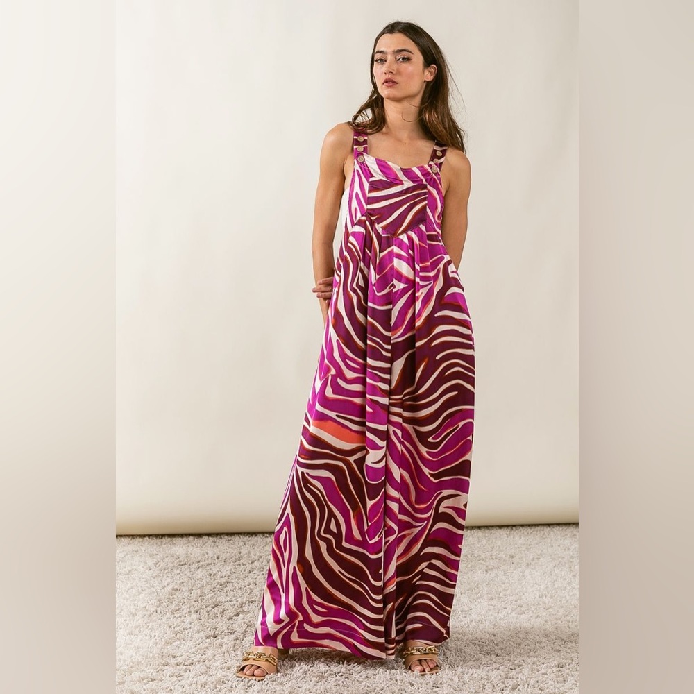 SATIN ZEBRA PRINT WIDE LEG JUMPSUIT BY BiBi. Bohemian style Overall - Picture 7 of 9